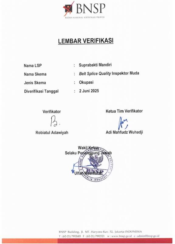 Verifikasi Skema Belt Splicer Quality Inspektor Muda
